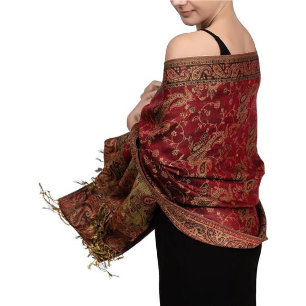 Soft Silky Reversible Paisley Pashmina Shawl Wrap Scarf w/Fringes